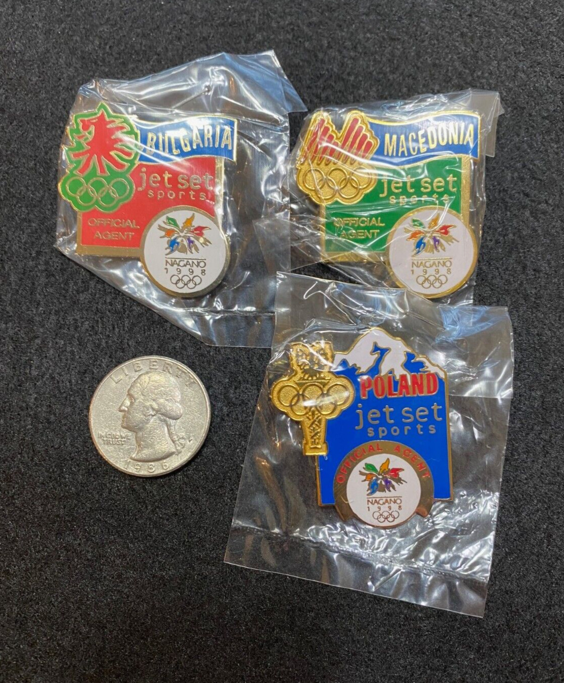 1998 Nagano Olympic 3 Country Pin Set Jet Set Sports Official Agent New In Pkgs.