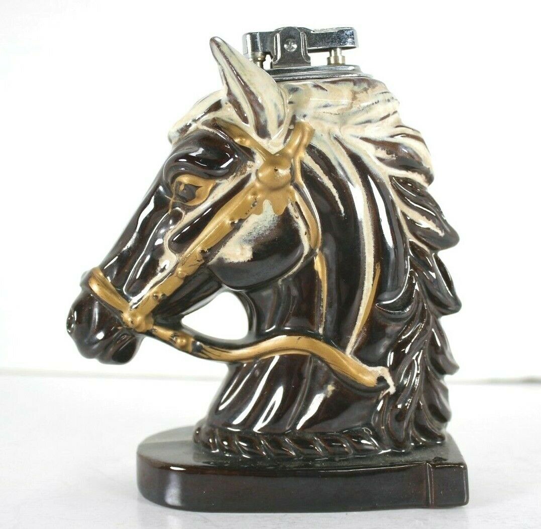 Vintage Ceramic Chess Knight Horse Head Table Top Lighter Japan  6"