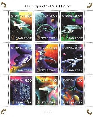 Star Trek Ships - Sheet Of 9 Stamps W/ Gold Embossed Star Trek Logo, Grenada