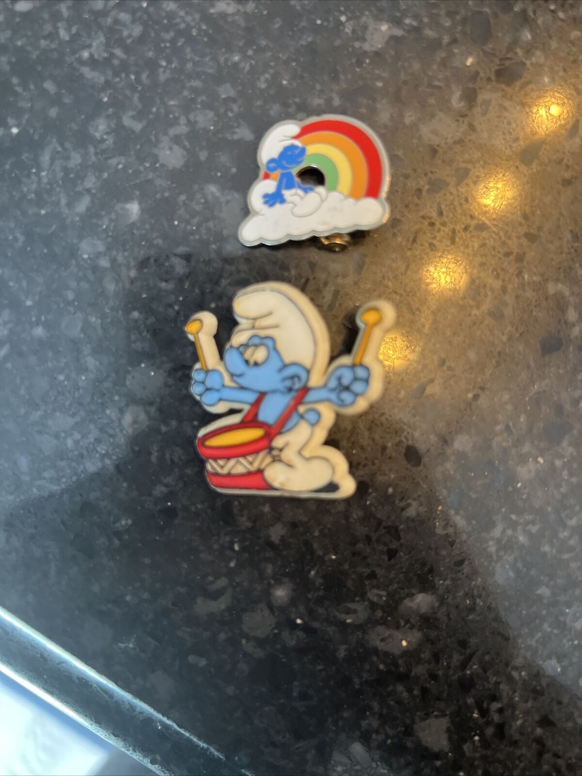 Vintage 1980 Smurf Pin Peyo Sitting On A Cloud With Rainbow
