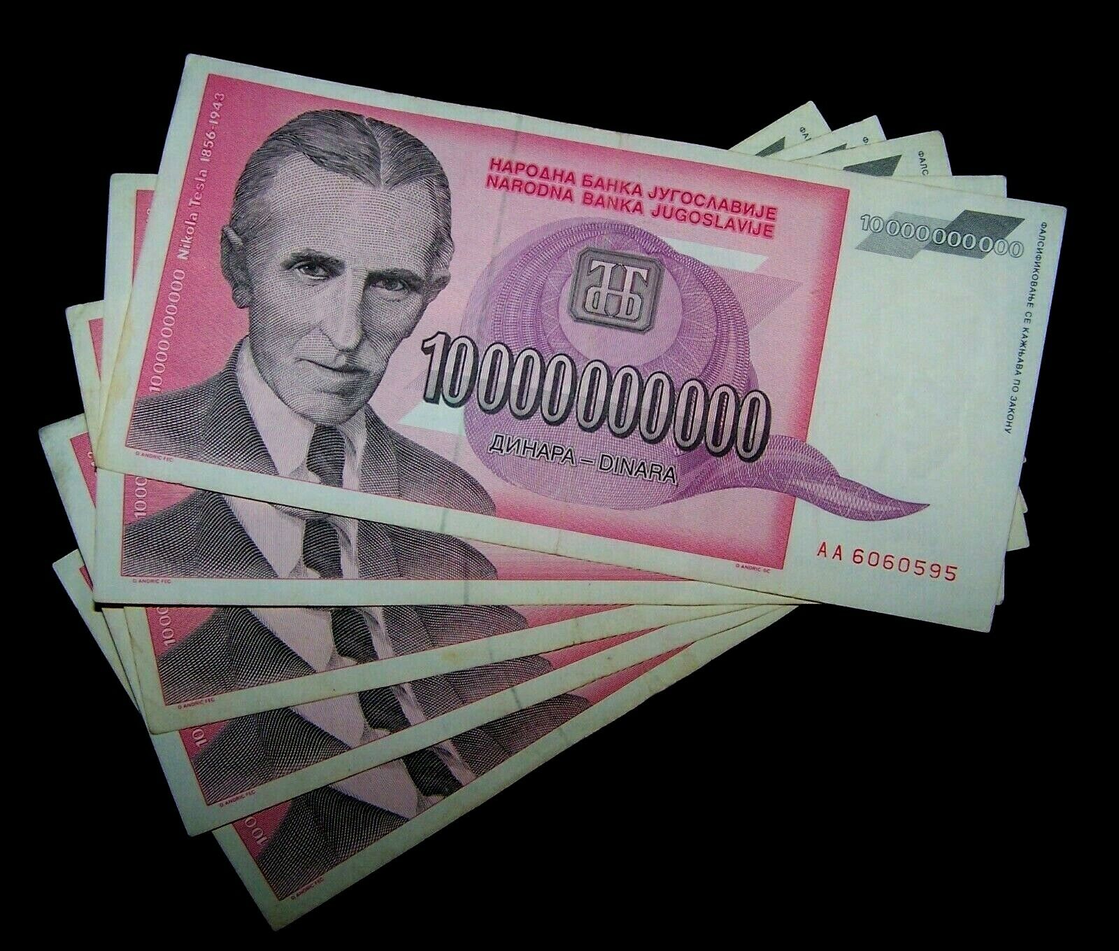 5 Pcs X 10 Billion Yugoslavia Dinara Banknotes- Nikola Tesla P-127 Currency