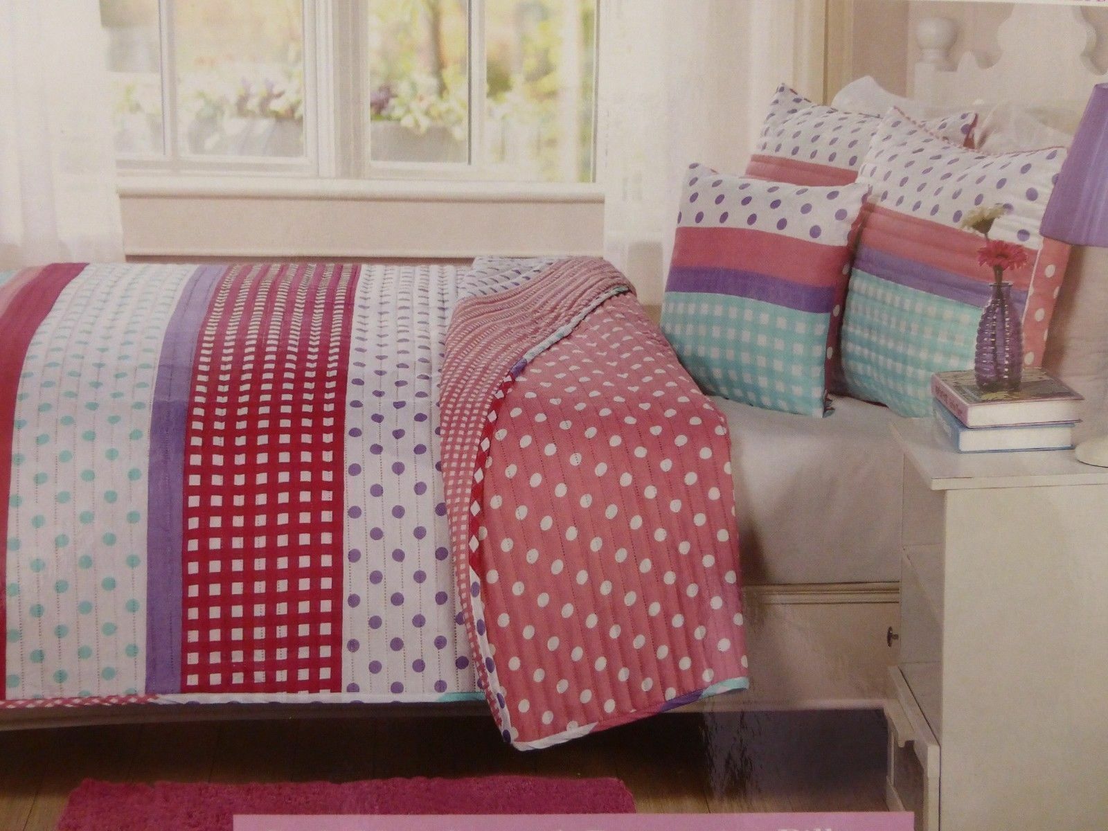 3 Pc Kids Expressions Polka Dot / Plaid Twin Quilt, Sham & Deco Pillow Set Nip