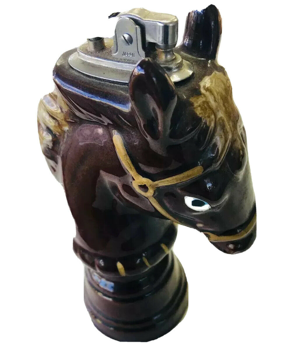 Rare 1950's Ceramic Brown Horse Head Table Lighter  - Gorgeous Color