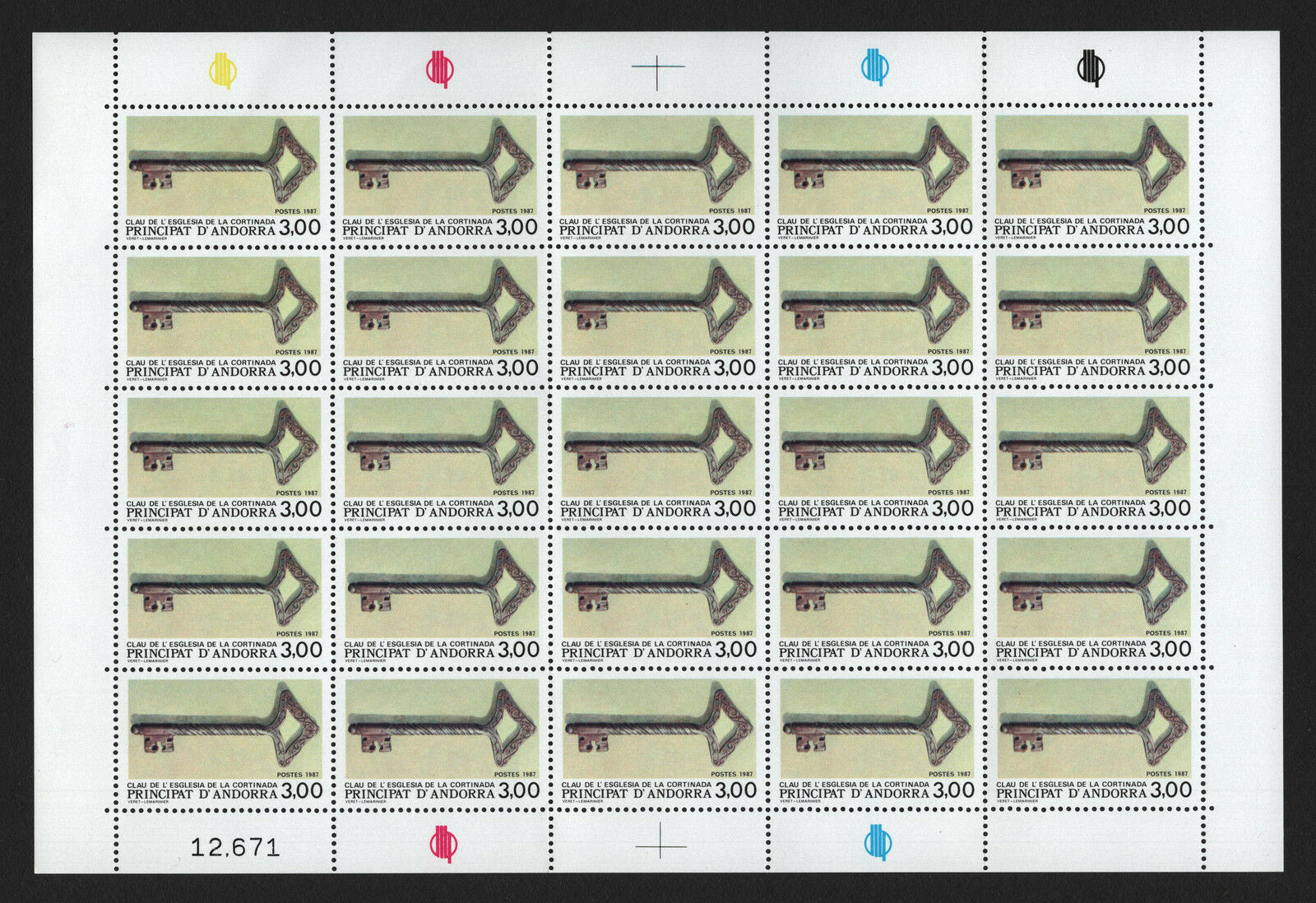 Opc 1987 French Andorra 3fr Iron Key Sheet Of 25 Sc#359 Mnh 33399