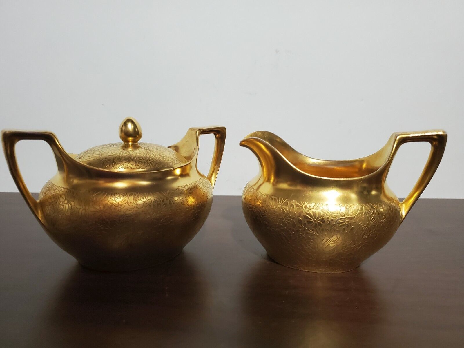 Pickard Etched Gold China Sugar And Creamer Rose And Daisy Pattern