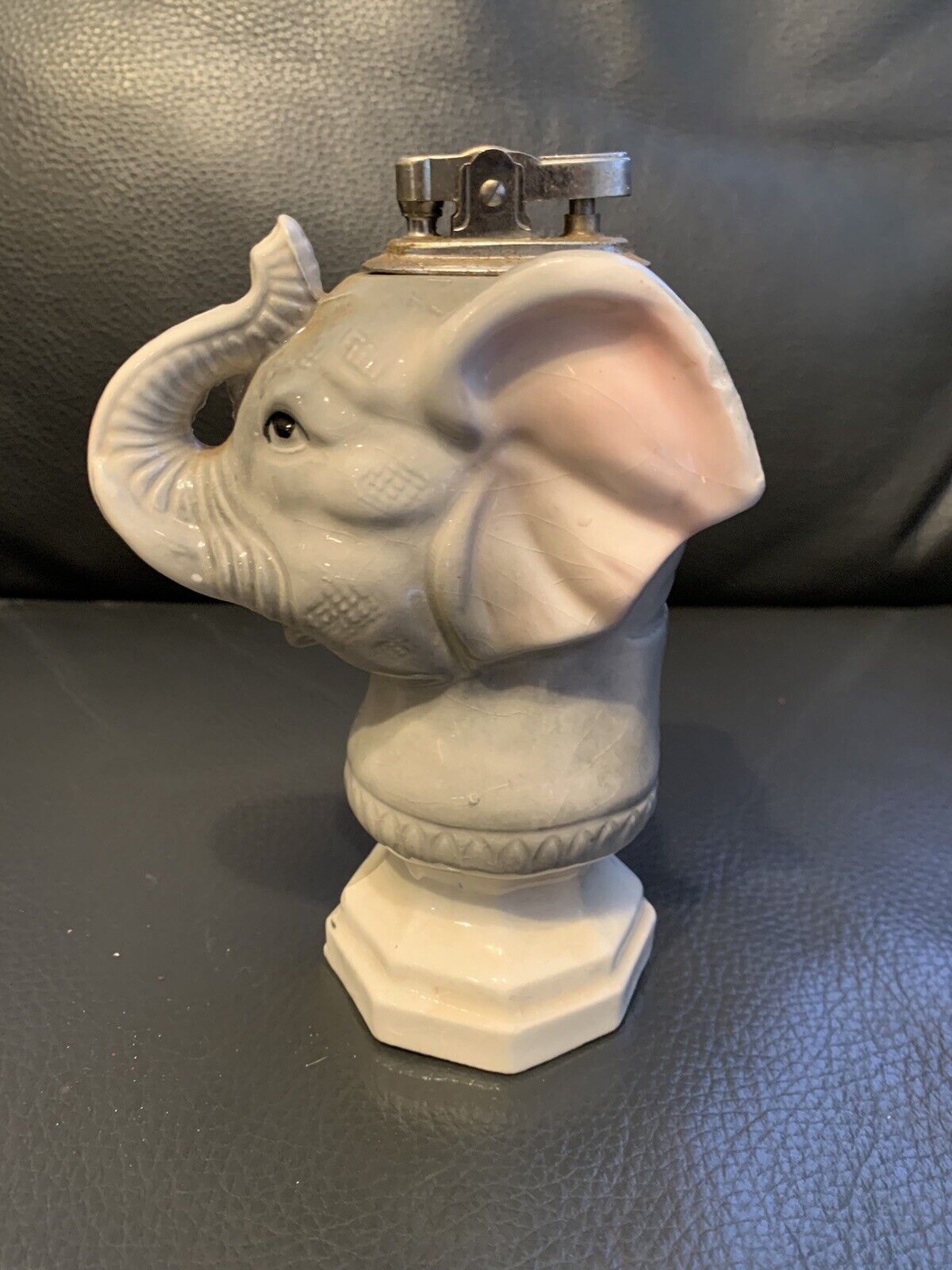 Vtg Elephant Table Lighter Trunk Up Head Ceramic Made In Japan