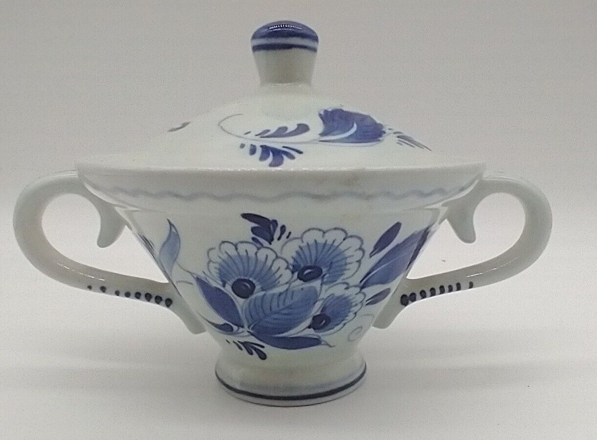 Vintage Delfts Sugar Bowl Holland Hand Painted Footed White Blue