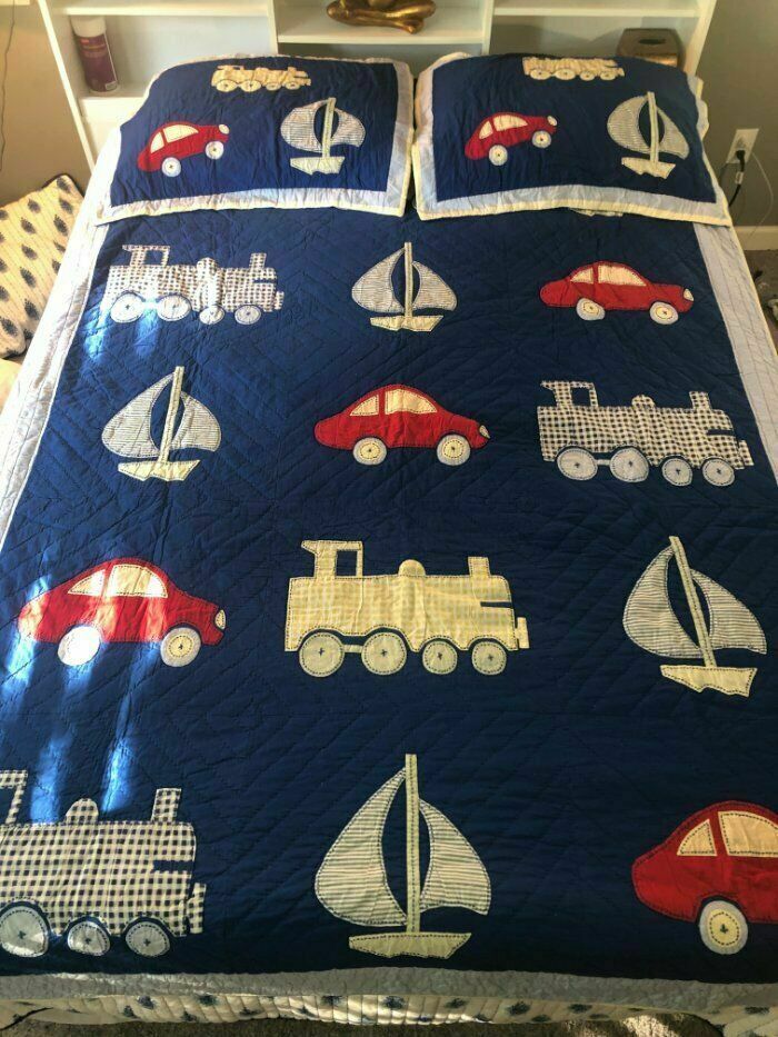 Kids Bedding Blue Quilt & 2 Shams Boats Train Car 63x85 Full Plaid Thomas 63x85