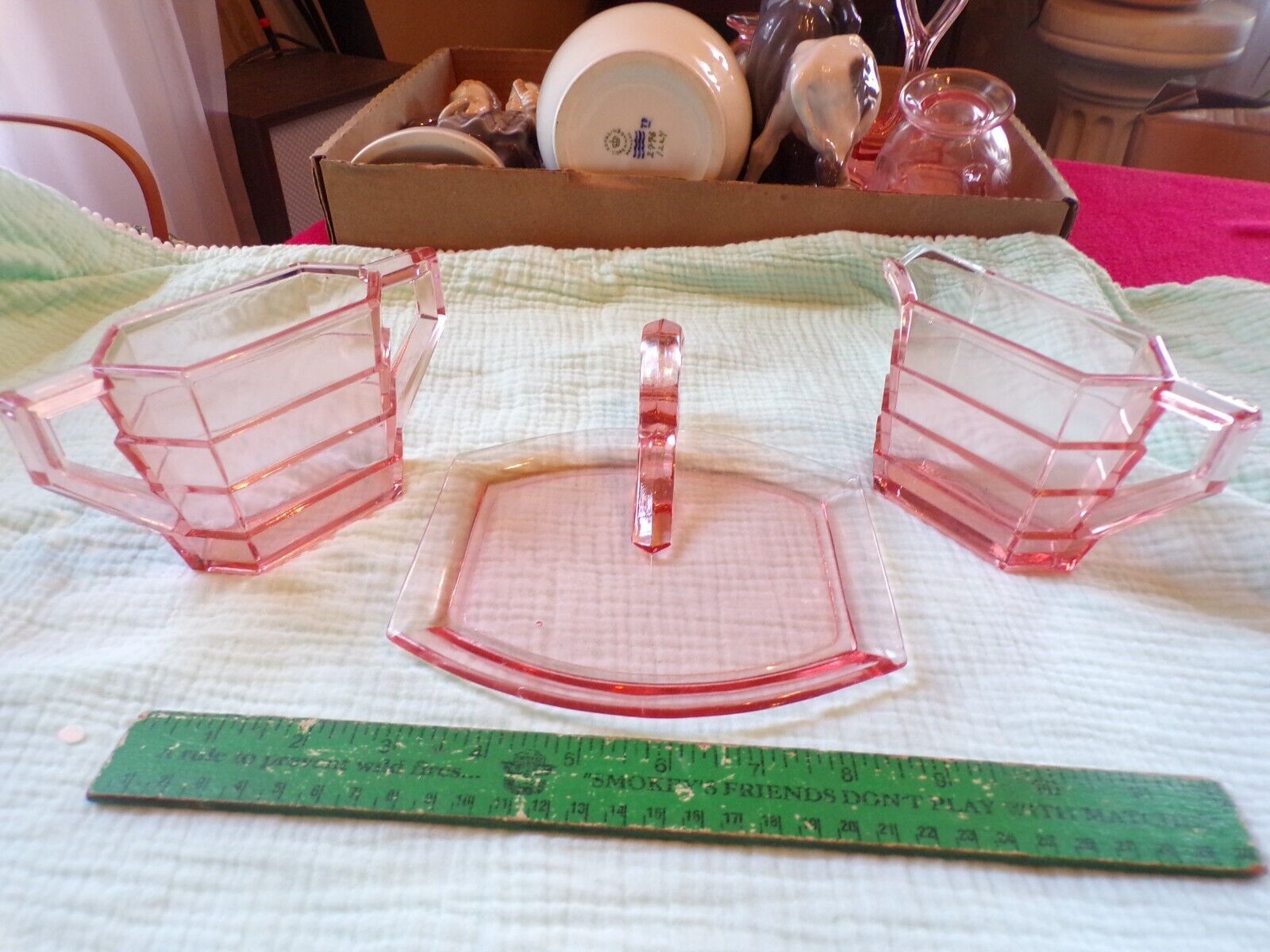 3 Piece Nice Pink Depression Sugar & Creamer With Tray Rectangle Shape Mcm