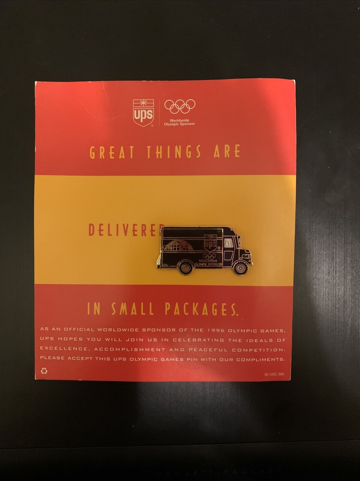 Ups Olympic Pin ~ Delivery Truck ~ Undated ~ Worldwide Sponsor