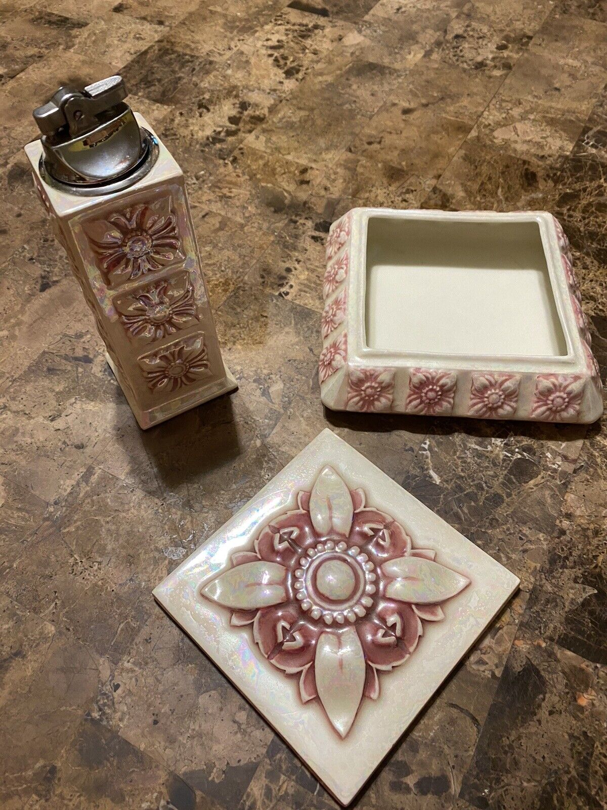 Vintage Ceramic Cigarette Box And Tower Lighter Pink / Cream Color Marked Japan
